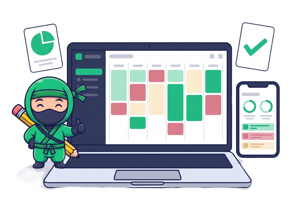 Plano de estudos do concurseiros.ninja no notebook e no celular, com o mascote ninja ao lado