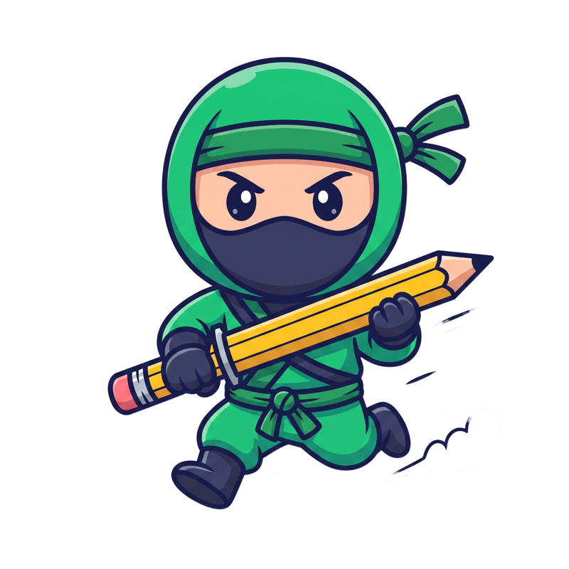 Mascote ninja em posição de ataque com um lápis gigante