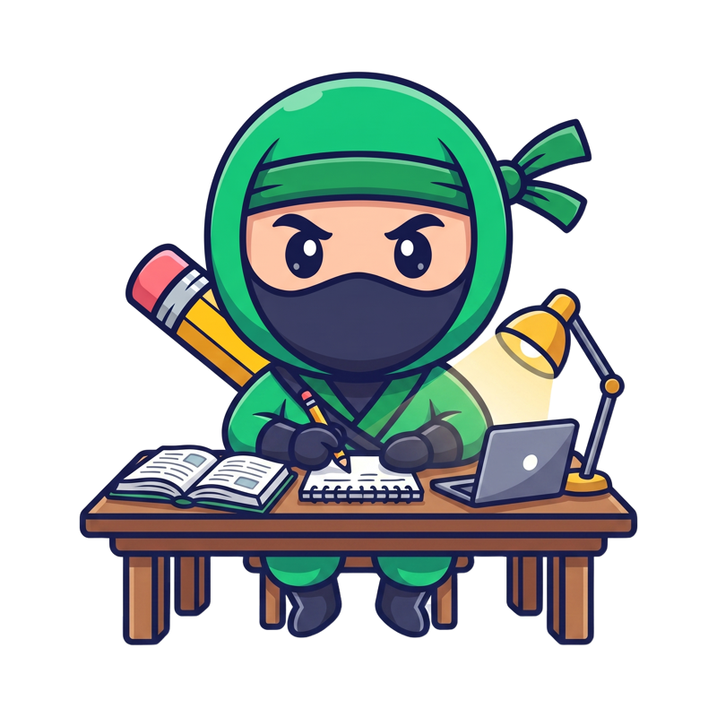 Mascote ninja estudando na escrivaninha