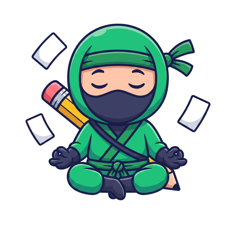 Mascote ninja meditando com flashcards flutuando