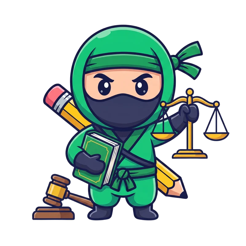 Mascote ninja do concurseiros.ninja segurando uma balança da justiça e um código de leis
